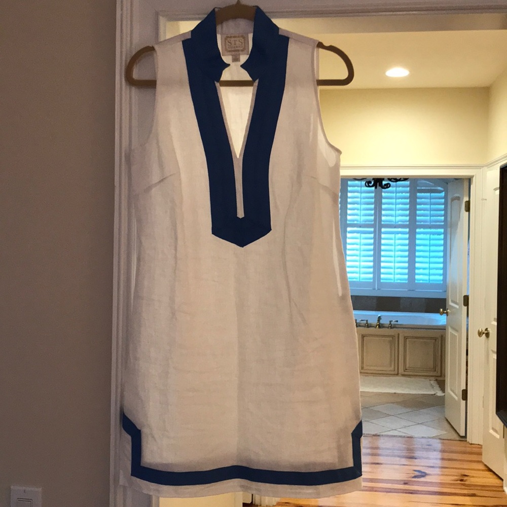 Sail to Sable White Sleeveless Shift Dress with Blue Trim